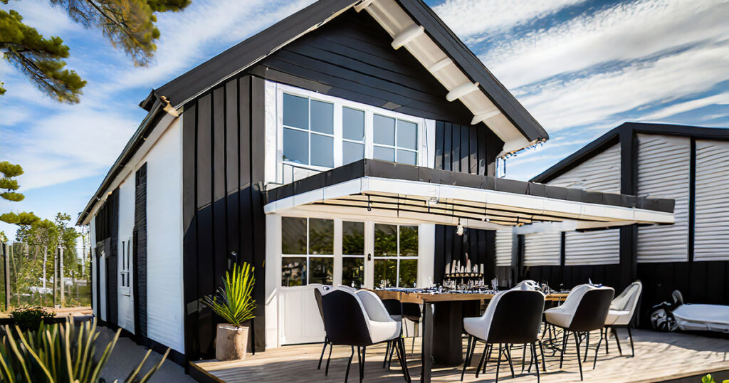Contemporary Black and White Barndominium with Outdoor Entertainment Space