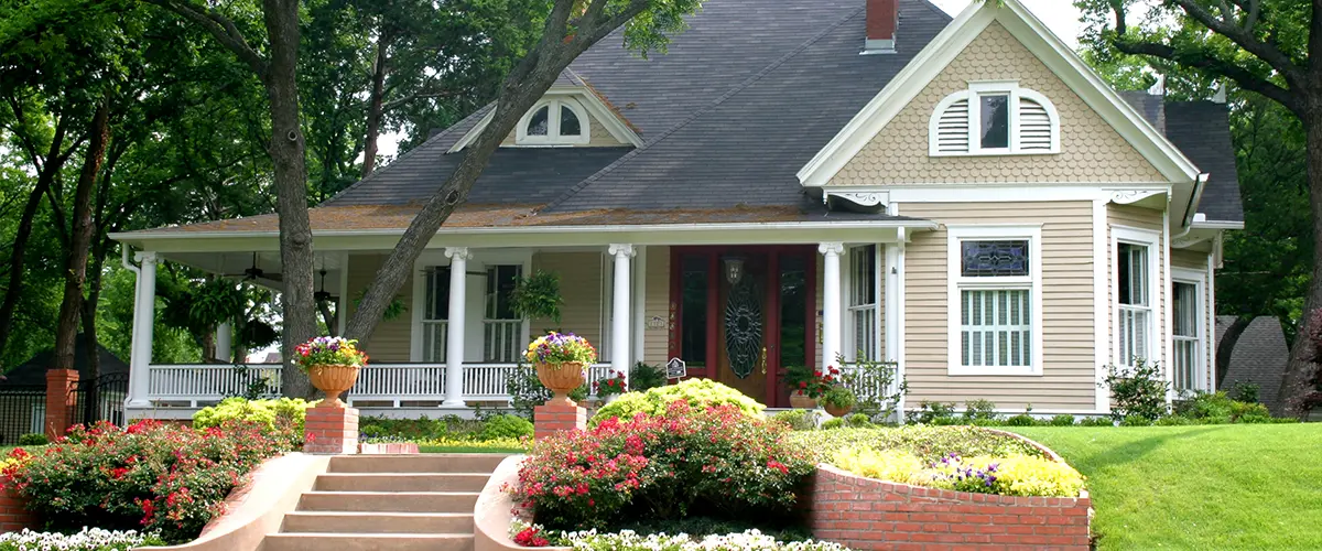 Traditional house with flower garden