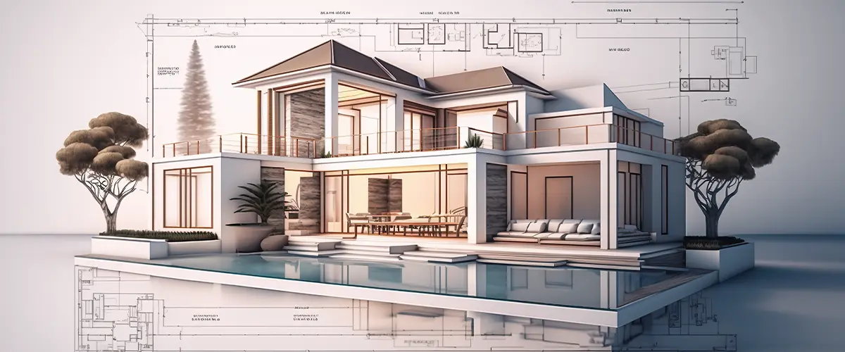 A 3D rendering of a modern luxury villa with detailed architectural blueprints overlaid, showcasing the design and planning process.