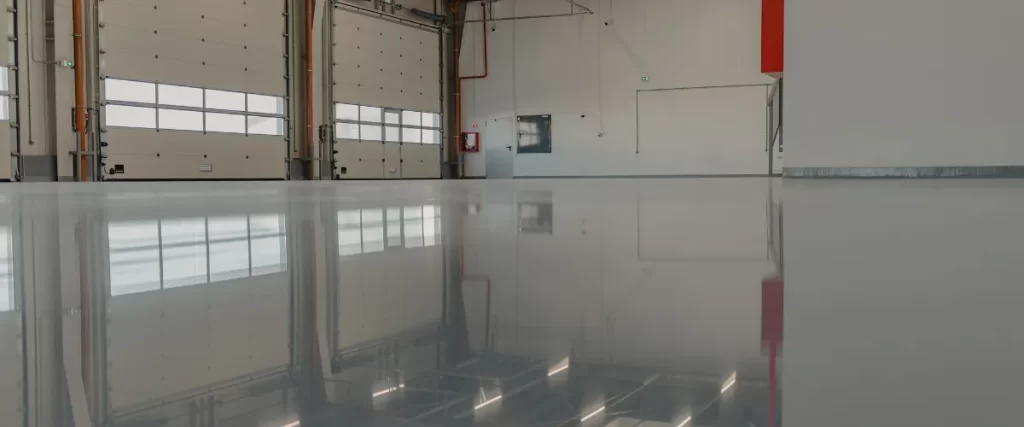 Large industrial space with a newly installed, smooth and glossy epoxy floor.