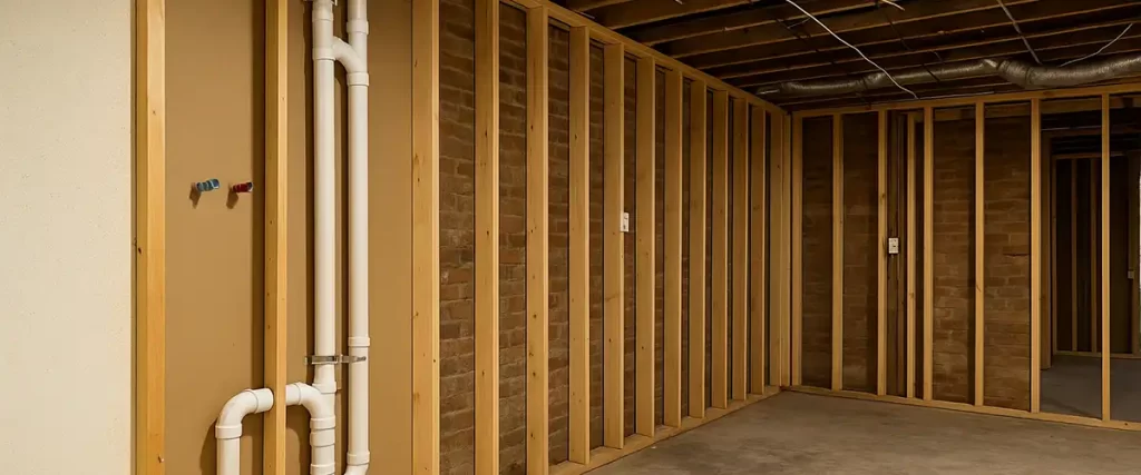 basement under construction with wooden studs, visible wiring, and new utility lines