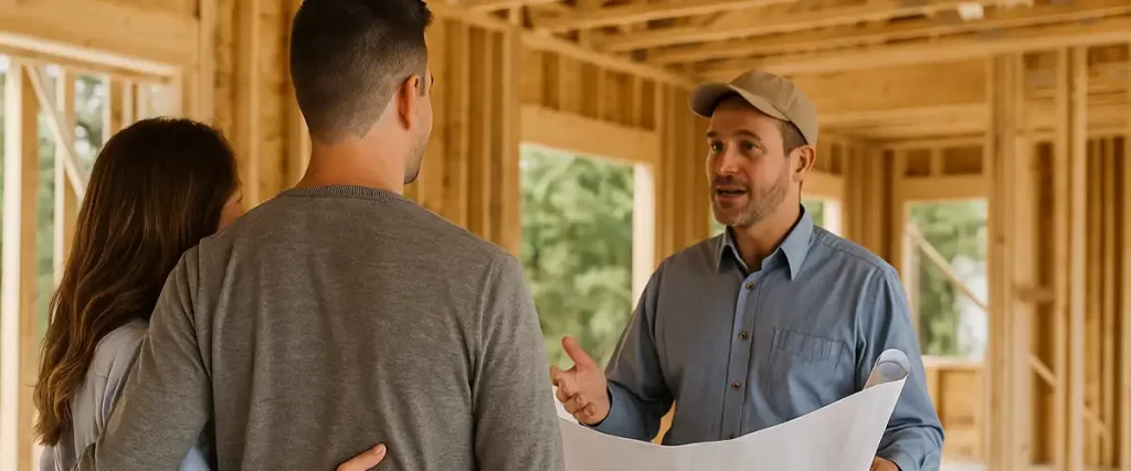 Homeowners reviewing blueprints with a builder inside a partially framed custom home under construction